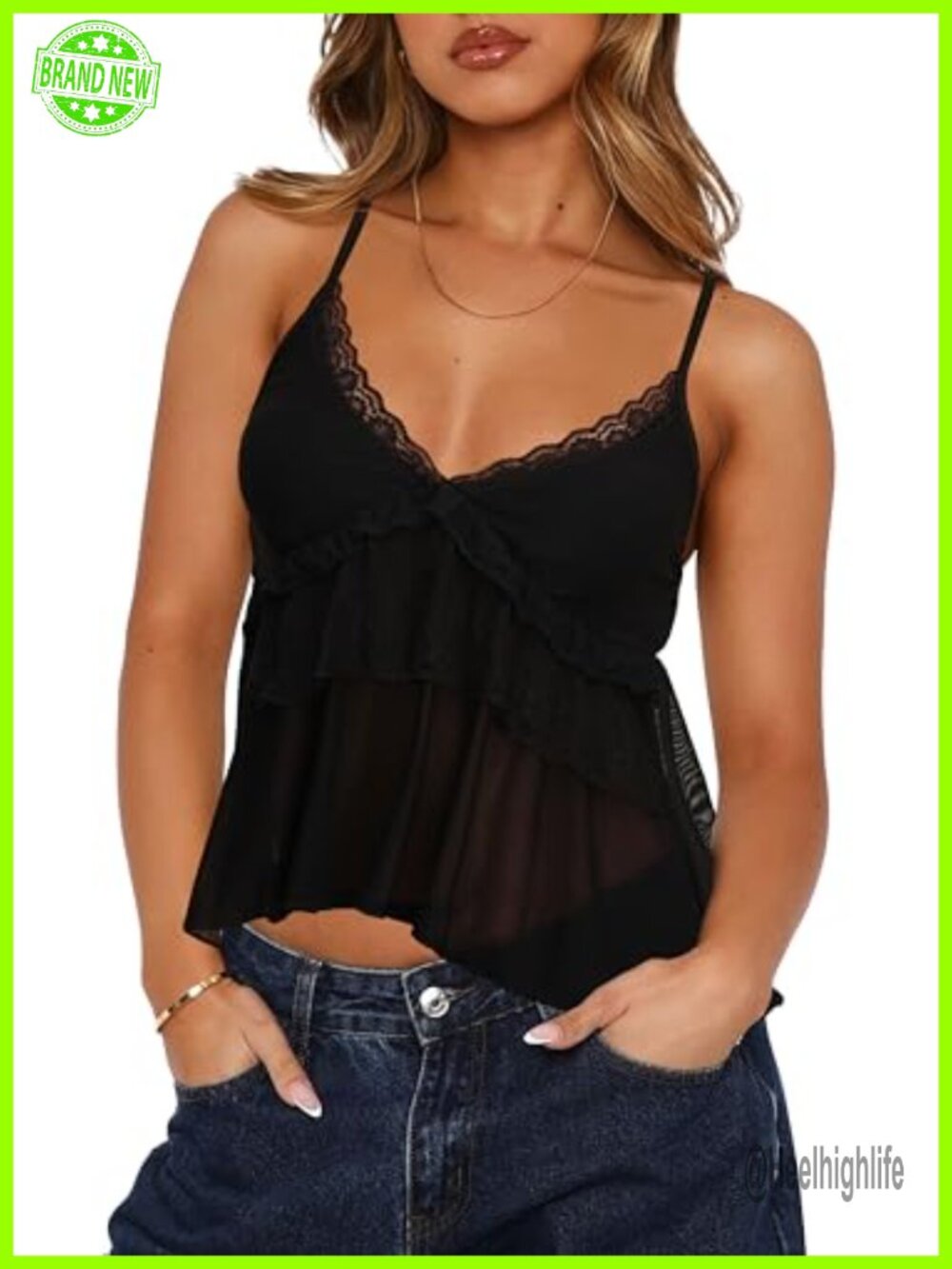 Women's Sheer Mesh Lace Cami Top Ruffle Sleeveless Plunge Neck Spaghetti Strap